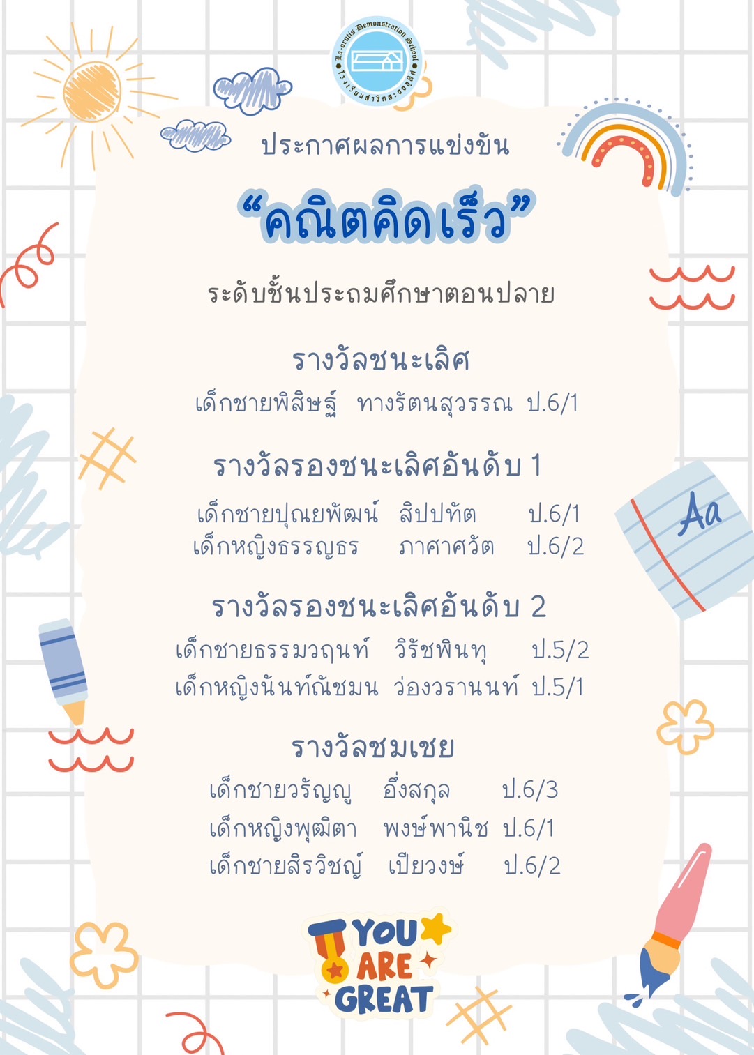 📢ประกาศผลการแข่งขัน “คณิตคิดเร็ว”💬